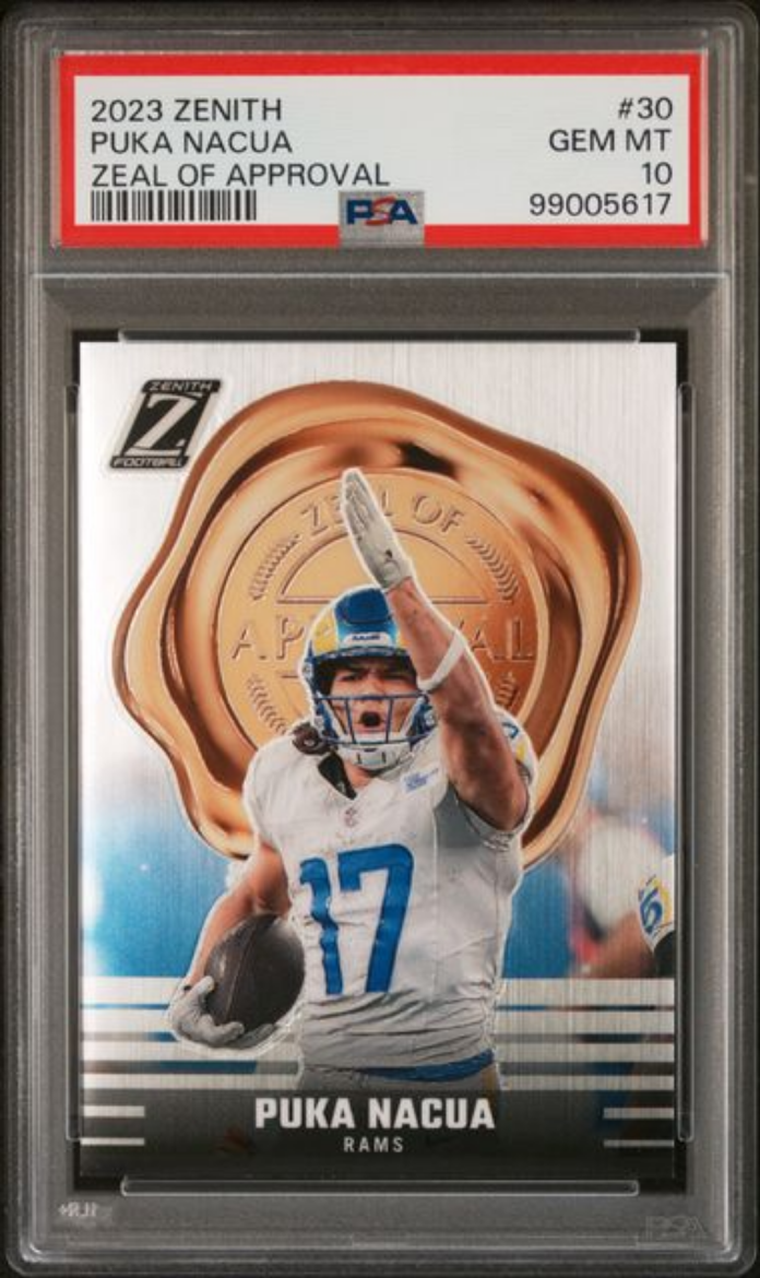 Graded 2023 Panini Zenith Puka Nacua #30 Zeal of Approval Rookie RC Football Card PSA 10 Gem Mint