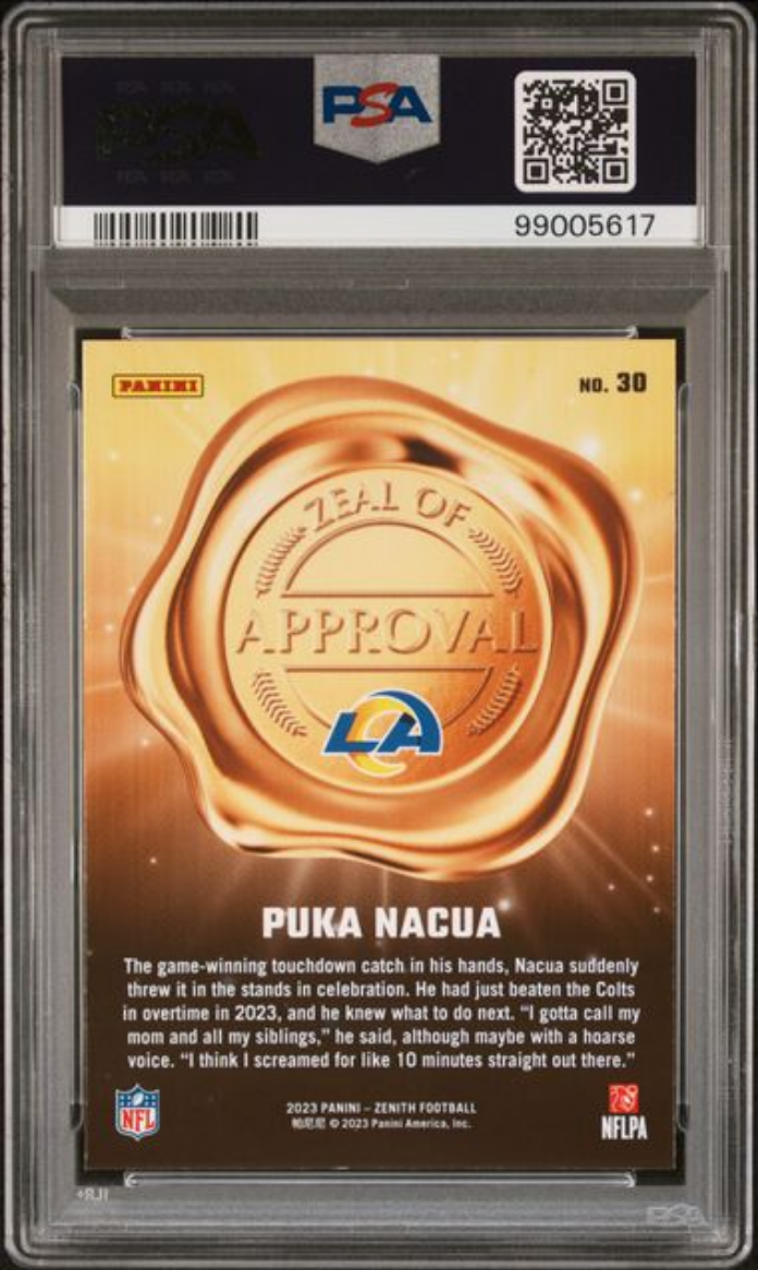 Graded 2023 Panini Zenith Puka Nacua #30 Zeal of Approval Rookie RC Football Card PSA 10 Gem Mint
