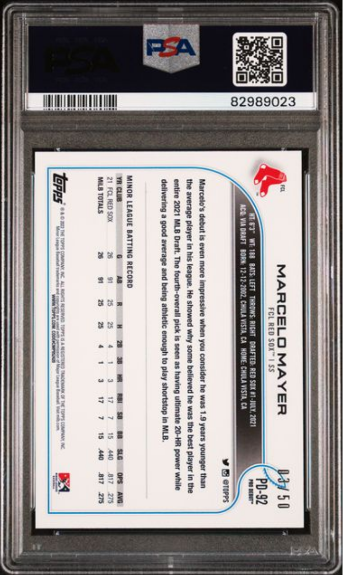 Graded 2022 Topps Pro Debut Marcelo Mayer #PD92 Gold /50 Rookie RC Baseball Card PSA 10 Gem Mint