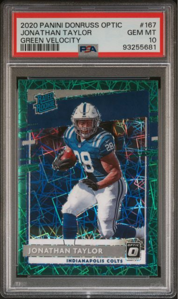 Graded 2020 Panini Donruss Optic Jonathan Taylor #167 Green Velocity Rookie RC Football Card PSA 10 Gem Mint