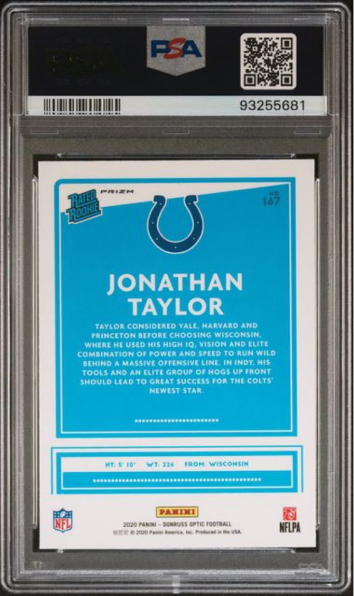 Graded 2020 Panini Donruss Optic Jonathan Taylor #167 Green Velocity Rookie RC Football Card PSA 10 Gem Mint