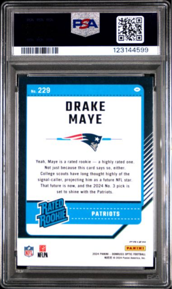 Graded 2024 Panini Donruss Optic Drake Maye #229 Purple Shock Rookie RC Football Card PSA 10 Gem Mint