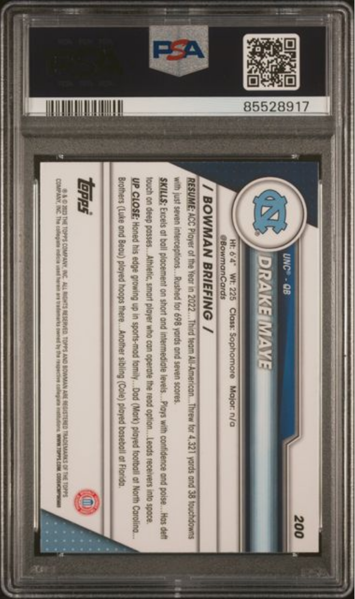 Graded 2023 Topps Bowman U Chrome Drake Maye #200 Shimmer Rookie RC Football Card PSA 10 Gem Mint