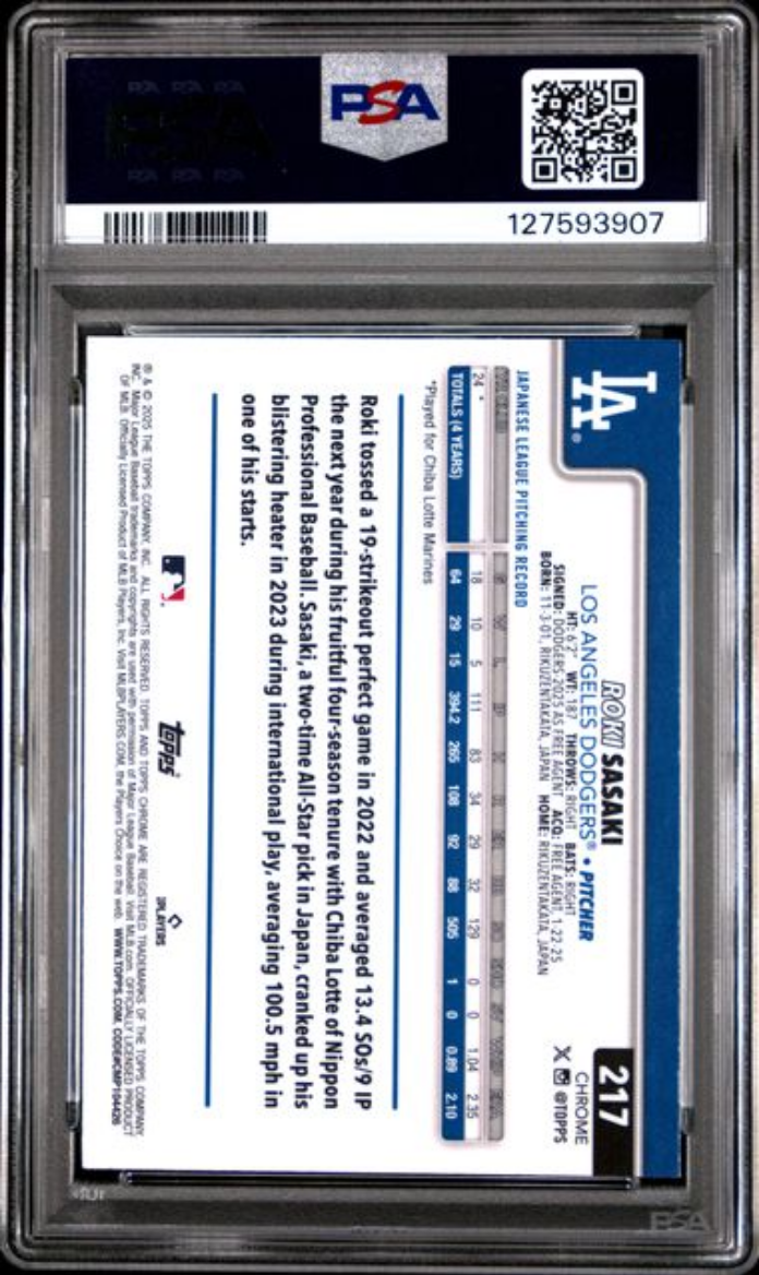 Graded 2025 Topps Chrome Roki Sasaki #217 Raywave Rookie RC Baseball Card PSA 10 Gem Mint