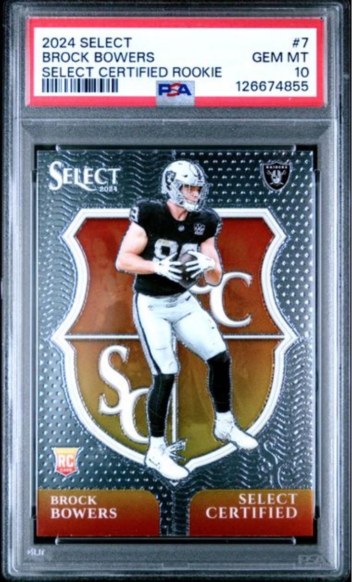 Graded 2024 Panini Select Brock Bowers #7 Select Certified Rookies Rookie RC Football Card PSA 10 Gem Mint