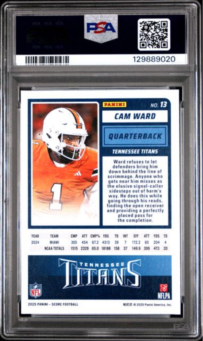 Graded 2025 Panini Score Cam Ward #13 Rookie RC Football Card PSA 10 Gem Mint