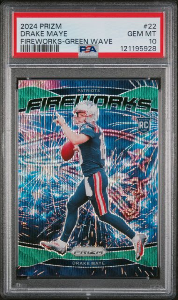 Graded 2024 Panini Prizm Drake Maye #22 Fireworks Green Wave Rookie RC Football Card PSA 10 Gem Mint