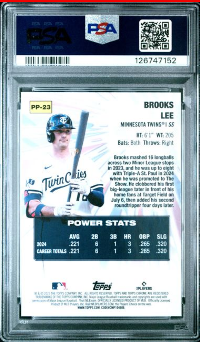 Graded 2025 Topps Chrome Brooks Lee #PP23 Power Players Rookie RC Baseball Card PSA 10 Gem Mint
