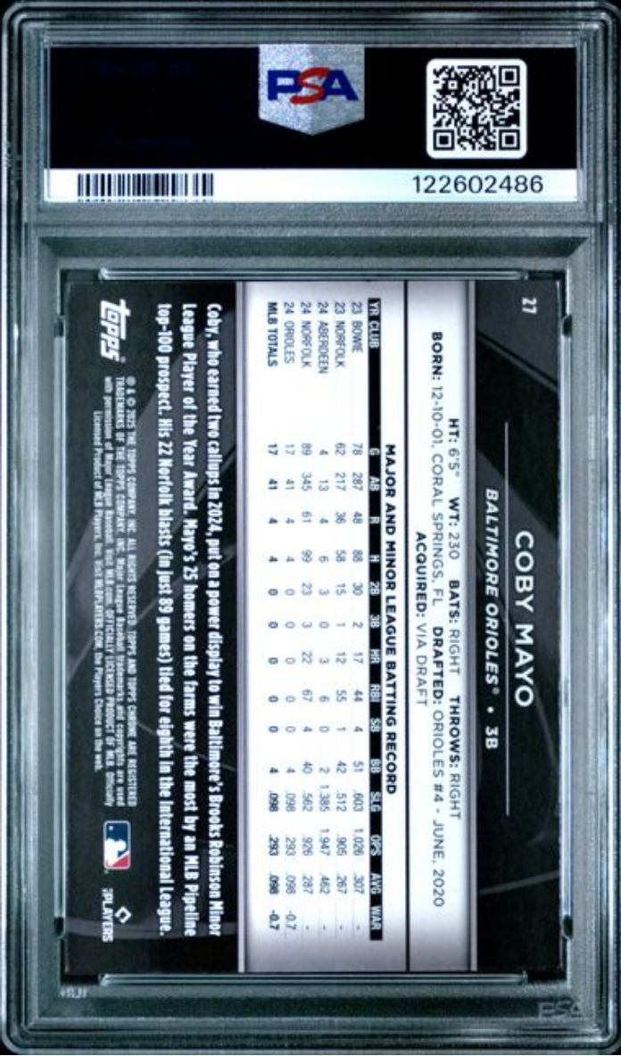 Graded 2025 Topps Chrome Black Coby Mayo #27 Rookie RC Baseball Card PSA 10 Gem Mint