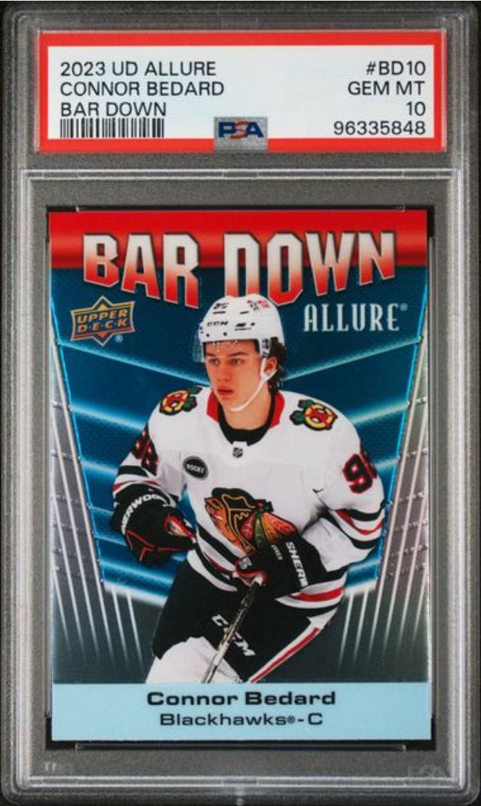 Graded 2023 Upper Deck Allure Connor Bedard #BD10 Bar Down Rookie RC Hockey Card PSA 10 Gem Mint