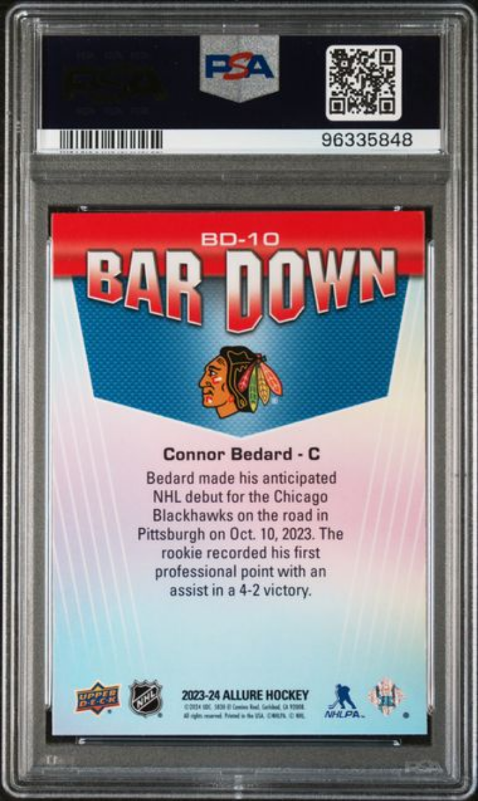 Graded 2023 Upper Deck Allure Connor Bedard #BD10 Bar Down Rookie RC Hockey Card PSA 10 Gem Mint
