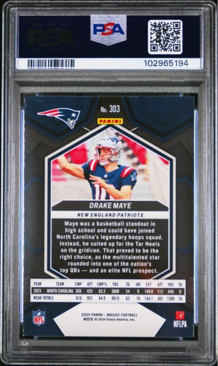 Graded 2024 Panini Mosaic Drake Maye #303 Rookie RC Football Card PSA 9 Mint