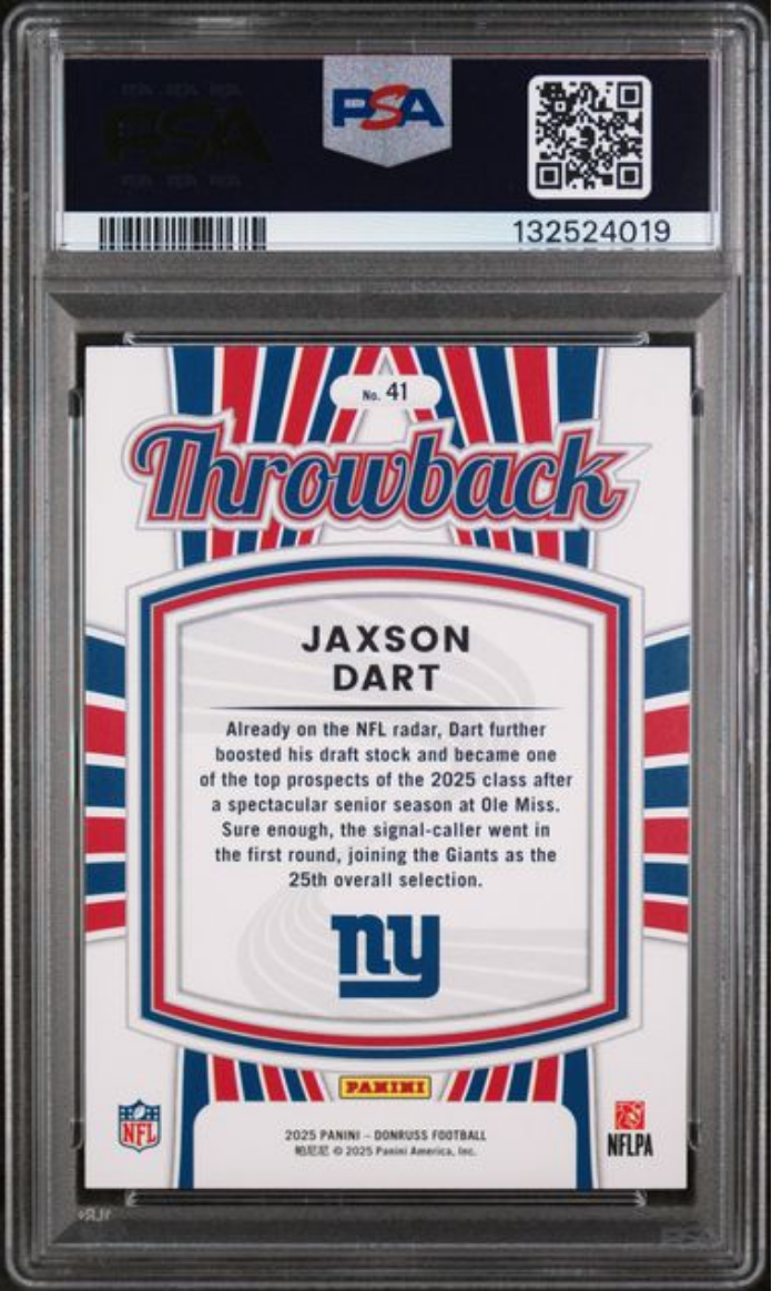 Graded 2025 Panini Donruss Jaxson Dart #41 Rated Rookies Throwback Rookie RC Football Card PSA 10 Gem Mint