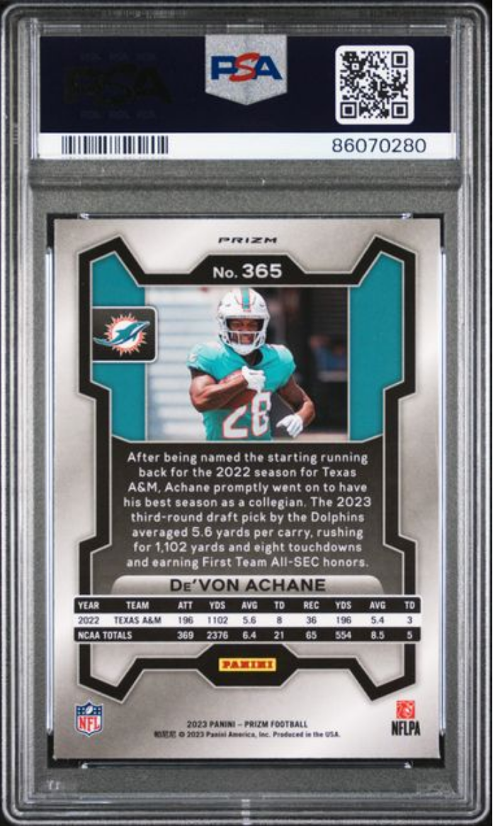 Graded 2023 Panini Prizm Devon Achane #365 Lazer Rookie RC Football Card PSA 10 Gem Mint
