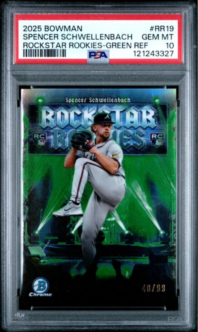 Graded 2025 Topps Bowman Spencer Schwellenbach #RR19 Rockstar Rookies Green Refractor /99 Rookie RC Baseball Card PSA 10 Gem Mint