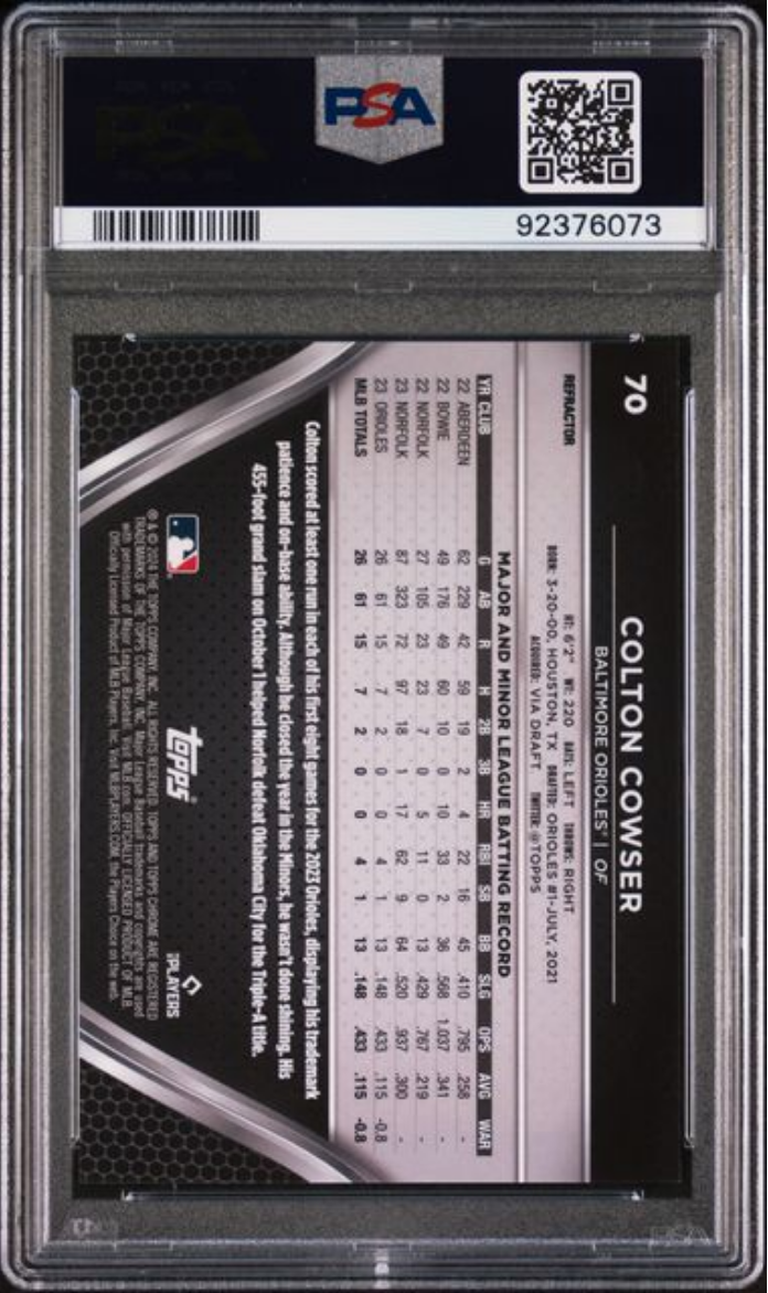 Graded 2024 Topps Chrome Black Colton Cowser #70 Refractor /199 Rookie RC Baseball Card PSA 10 Gem Mint