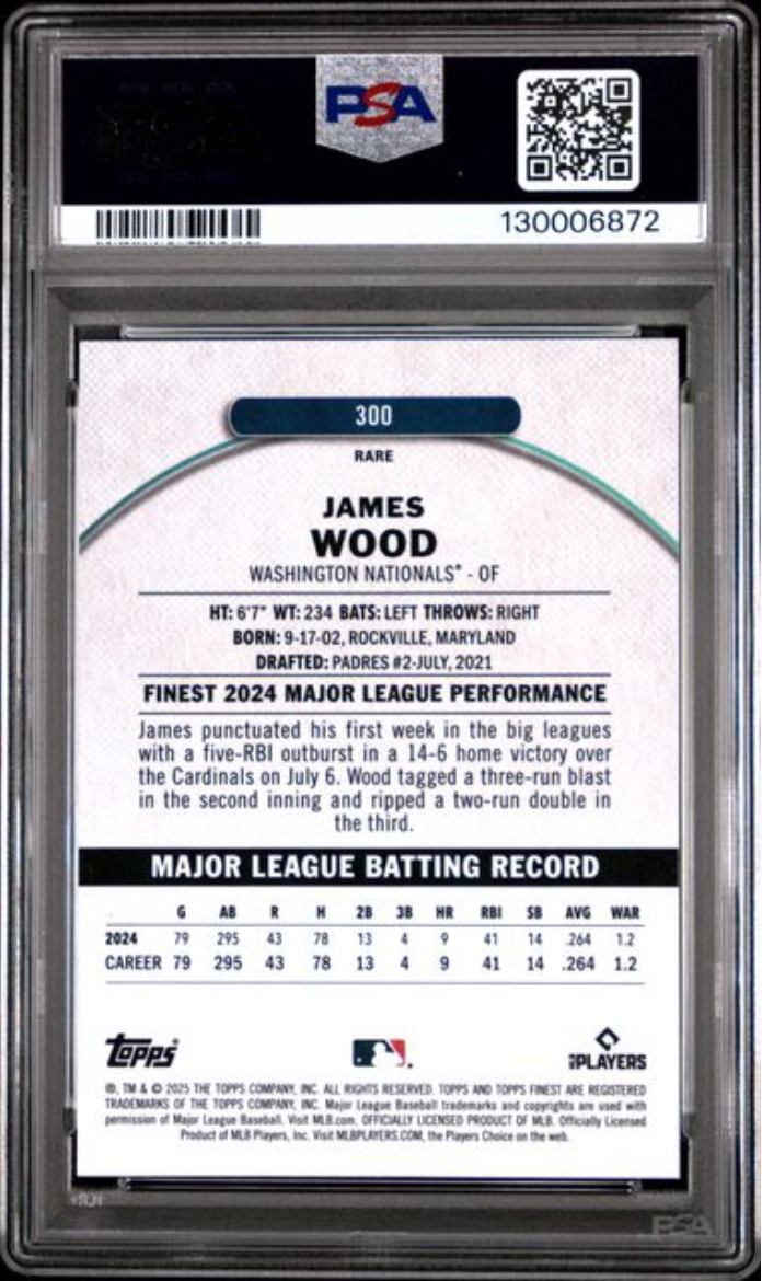 Graded 2025 Topps Finest James Wood #300 Rookie RC Baseball Card PSA 10 Gem Mint