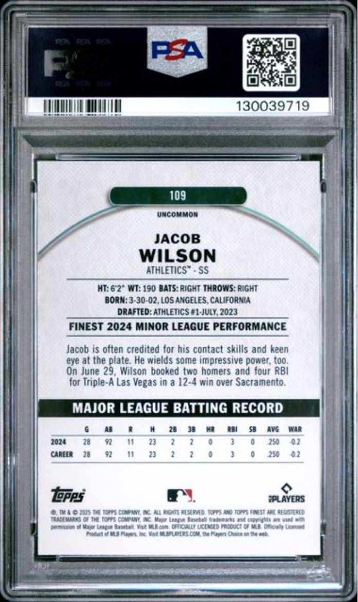 Graded 2025 Topps Finest Jacob Wilson #109 Checkerboard Refractor Rookie RC Baseball Card PSA 10 Gem Mint
