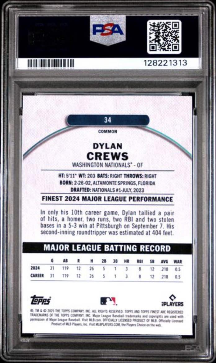 Graded 2025 Topps Finest Dylan Crews #34 Checkerboard Refractor Rookie RC Baseball Card PSA 10 Gem Mint