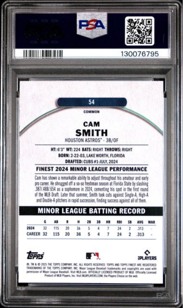 Graded 2025 Topps Finest Cam Smith #54 Blue Refractor /200 Rookie RC Baseball Card PSA 10 Gem Mint