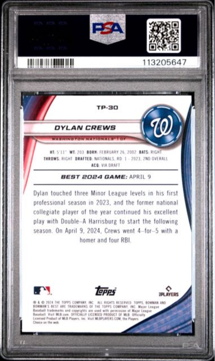 Graded 2024 Topps Bowmans Best Dylan Crews #TP30 Top Prospects Purple Mojo /250 Rookie RC Baseball Card PSA 10 Gem Mint