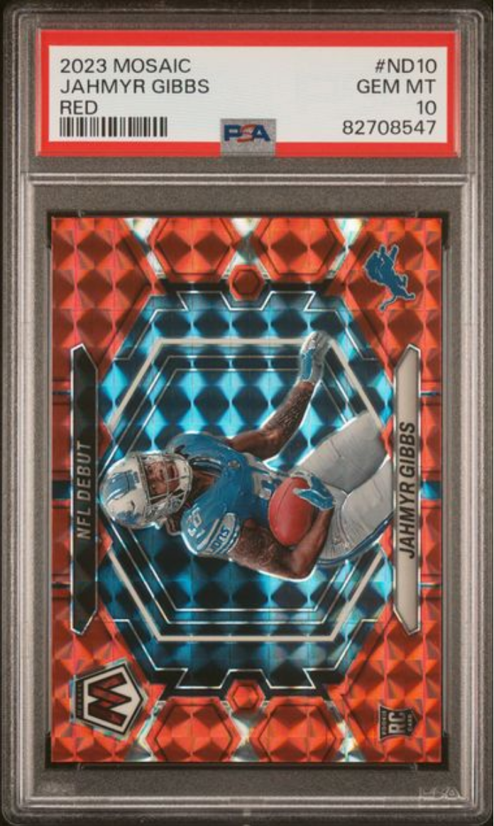 Graded 2023 Mosaic Jahmyr Gibbs #ND10 Red Rookie RC Football Card PSA 10 Gem Mint