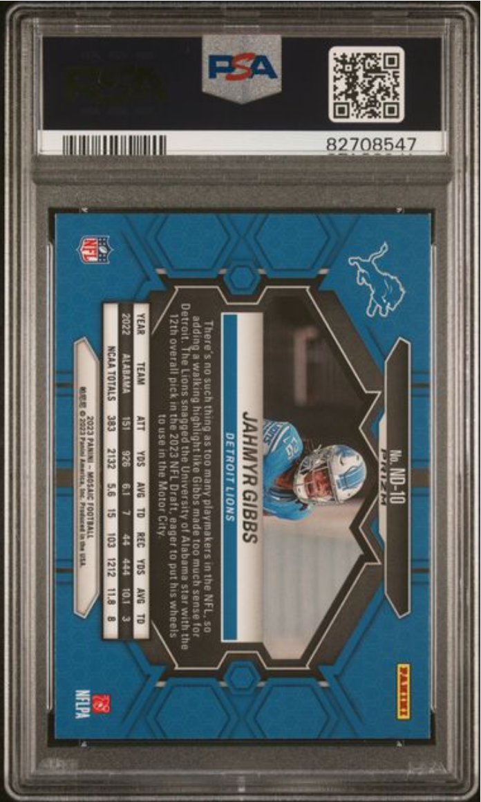 Graded 2023 Mosaic Jahmyr Gibbs #ND10 Red Rookie RC Football Card PSA 10 Gem Mint