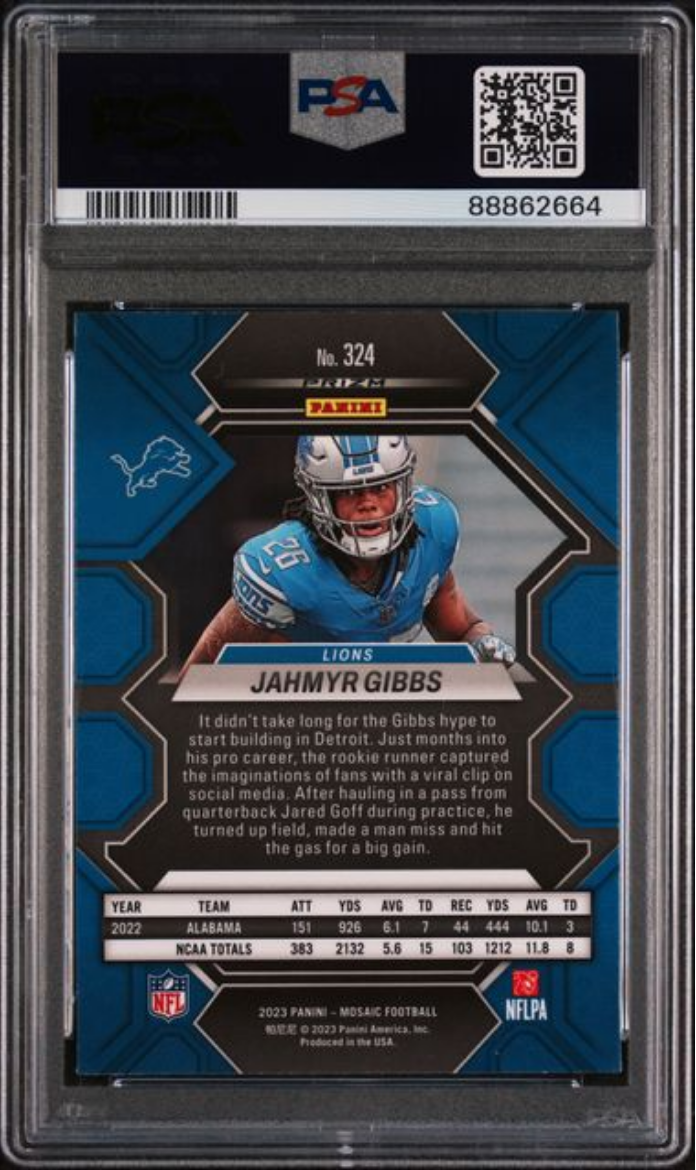 Graded 2023 Panini Mosaic Jahmyr Gibbs #324 Green Rookie RC Football Card PSA 10 Gem Mint