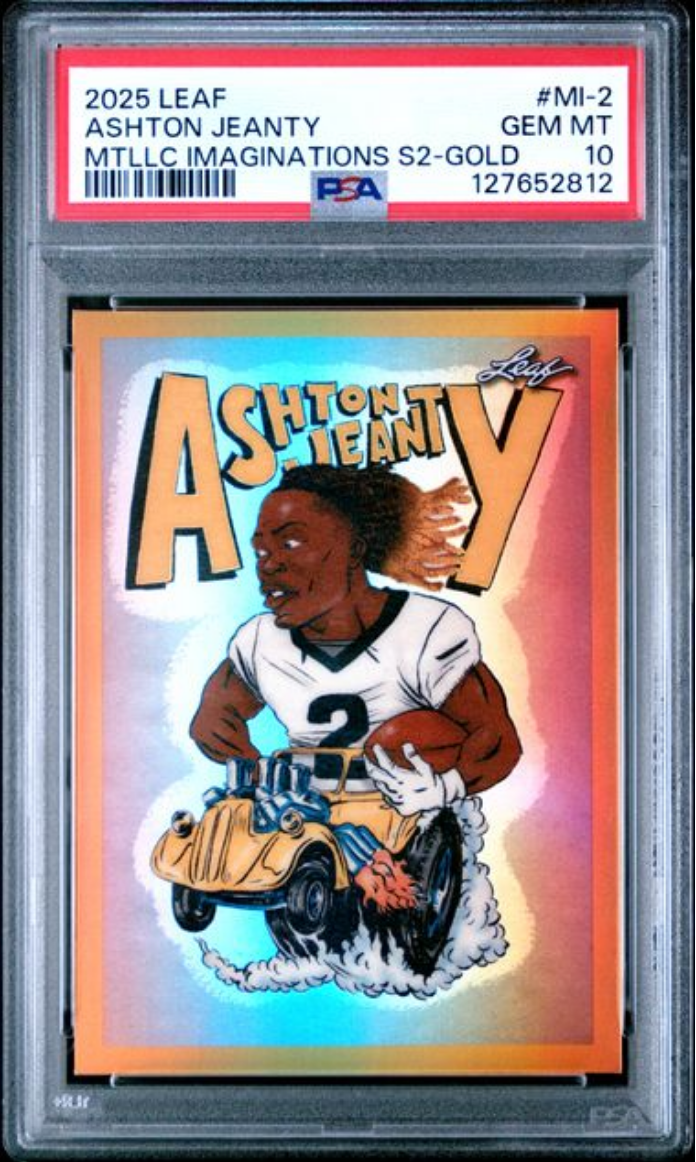 Graded 2025 Leaf Ashton Jeanty #MI2 Metallic Imaginations Series 2 Gold /99 Rookie RC Football Card PSA 10 Gem Mint