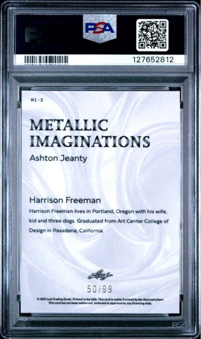 Graded 2025 Leaf Ashton Jeanty #MI2 Metallic Imaginations Series 2 Gold /99 Rookie RC Football Card PSA 10 Gem Mint