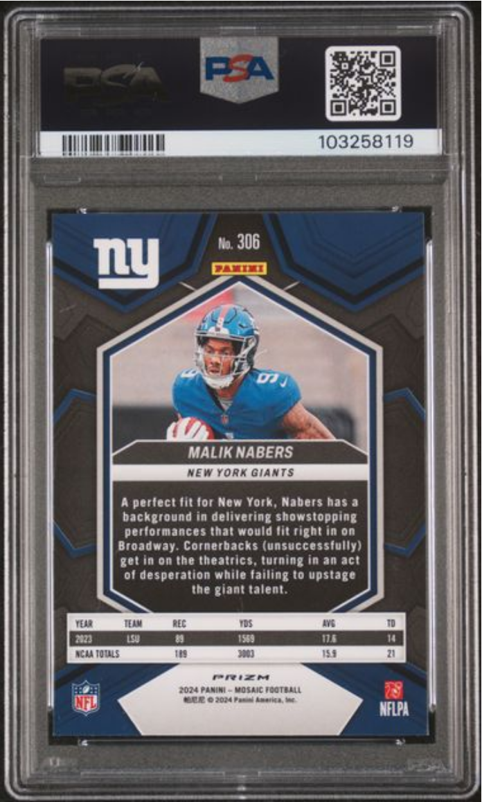 Graded 2024 Panini Mosaic Malik Nabers #306 Reactive Yellow Rookie RC Football Card PSA 10 Gem Mint