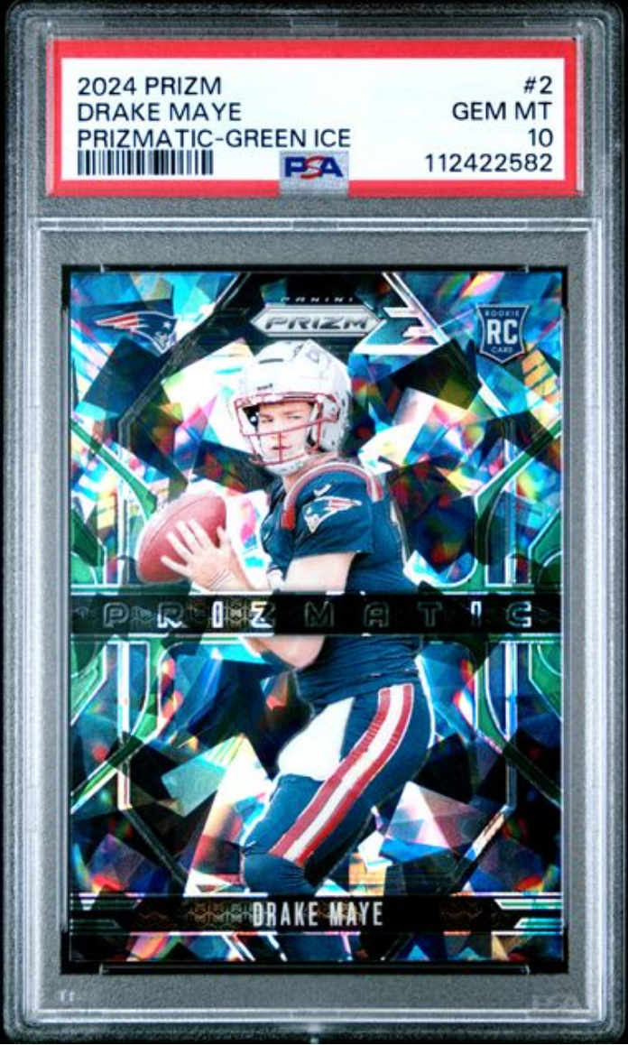 Graded 2024 Panini Prizm Drake Maye #2 Prizmatic Green Ice Rookie RC Football Card PSA 10 Gem Mint