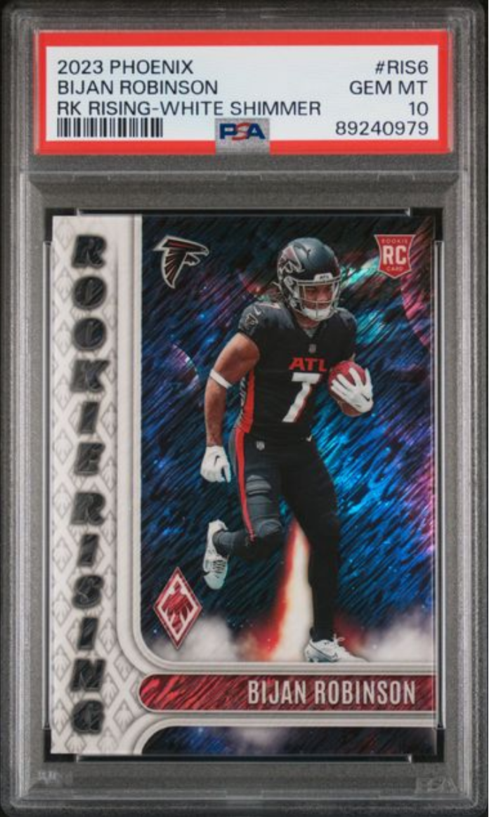 Graded 2023 Panini Phoenix Bijan Robinson #RIS6 Rookie Rising White Shimmer Rookie RC Football Card PSA 10 Gem Mint