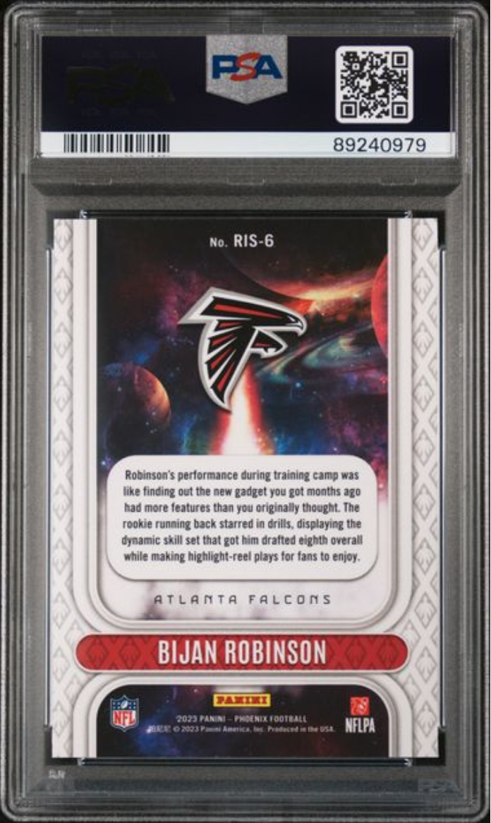 Graded 2023 Panini Phoenix Bijan Robinson #RIS6 Rookie Rising White Shimmer Rookie RC Football Card PSA 10 Gem Mint