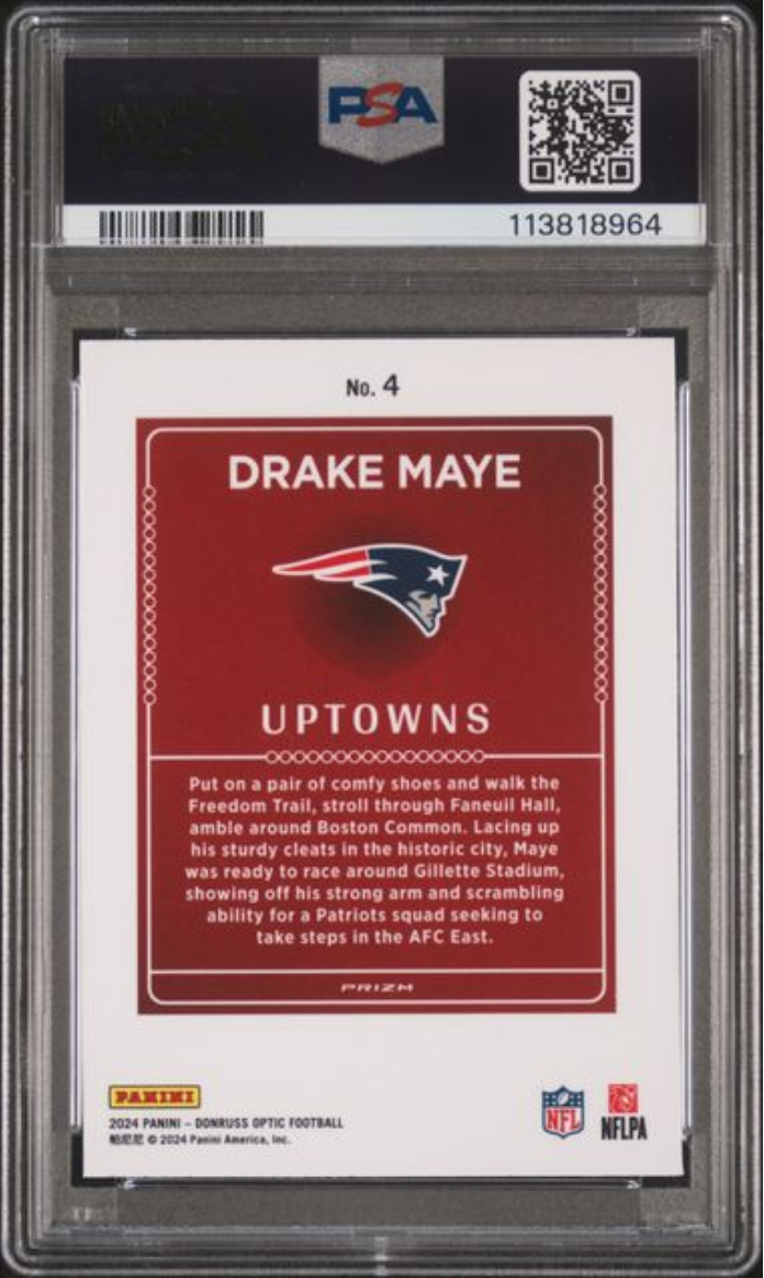 Graded 2024 Panini Donruss Optic Drake Maye #4 Uptowns Rookie RC Football Card PSA 10 Gem Mint