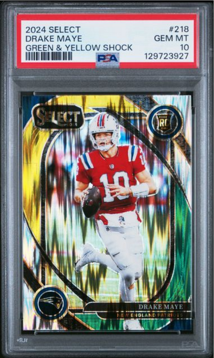 Graded 2024 Panini Select Drake Maye #218 Green & Yellow Shock Rookie RC Football Card PSA 10 Gem Mint