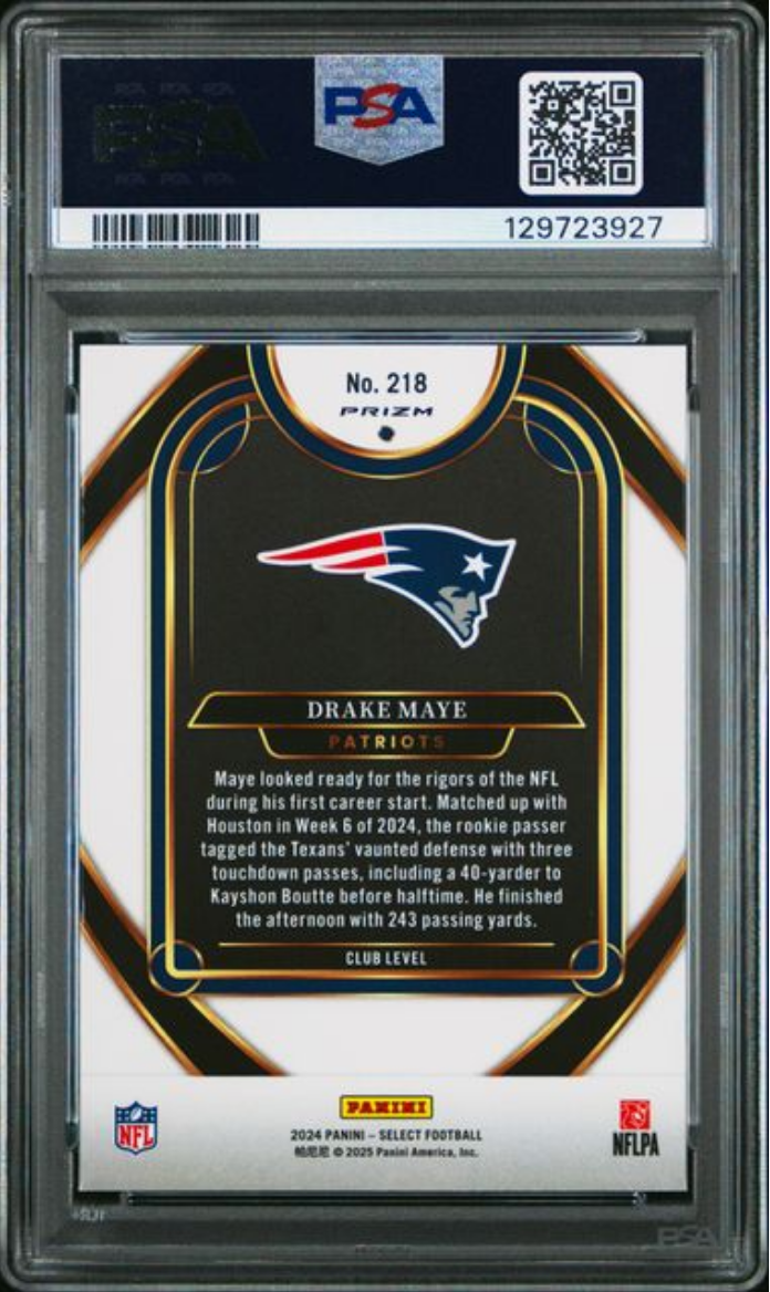 Graded 2024 Panini Select Drake Maye #218 Green & Yellow Shock Rookie RC Football Card PSA 10 Gem Mint