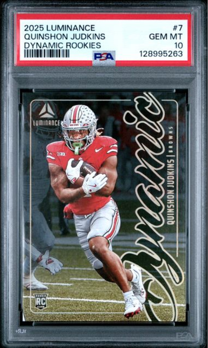Graded 2025 Panini Luminance Quinshon Judkins #7 Dynamic Rookies Rookie RC Football Card PSA 10 Gem Mint
