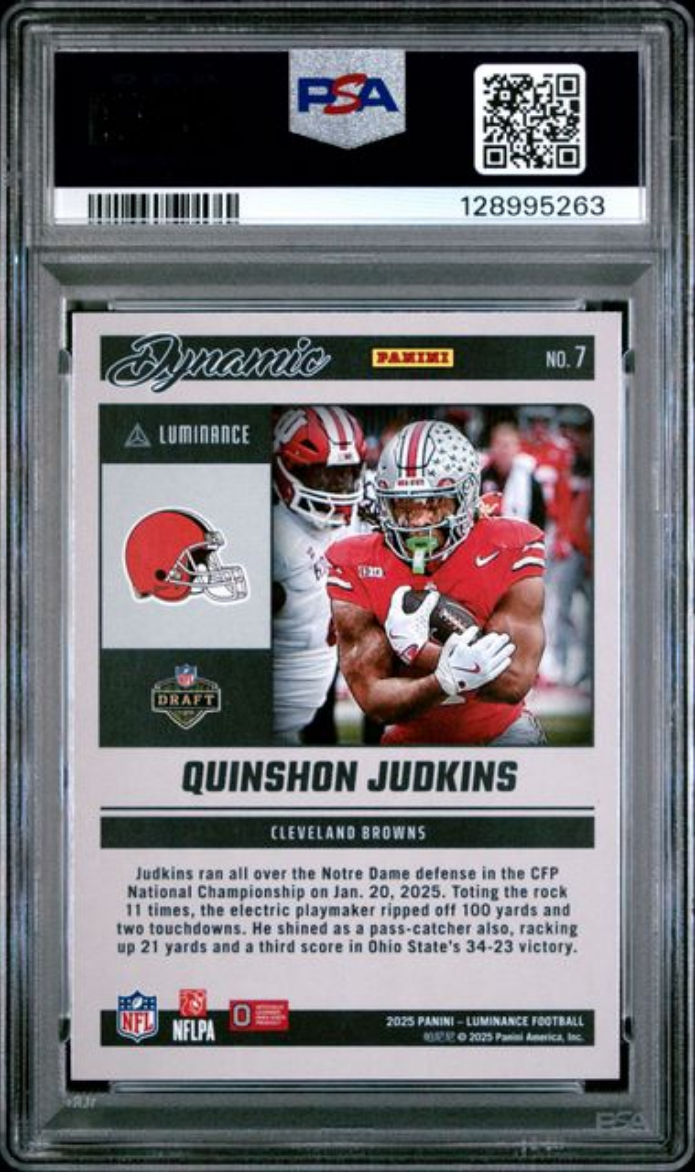 Graded 2025 Panini Luminance Quinshon Judkins #7 Dynamic Rookies Rookie RC Football Card PSA 10 Gem Mint