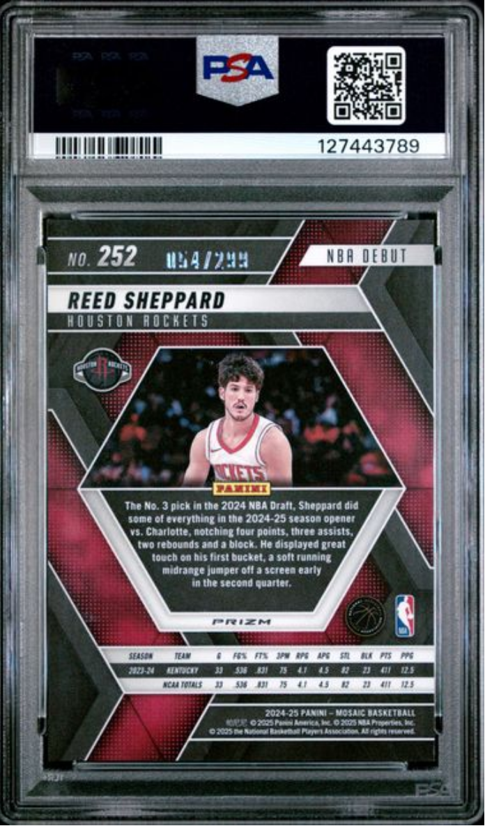 Graded 2024 Panini Mosaic Reed Sheppard #252 Red Seismic /299 Rookie RC Basketball Card PSA 10 Gem Mint