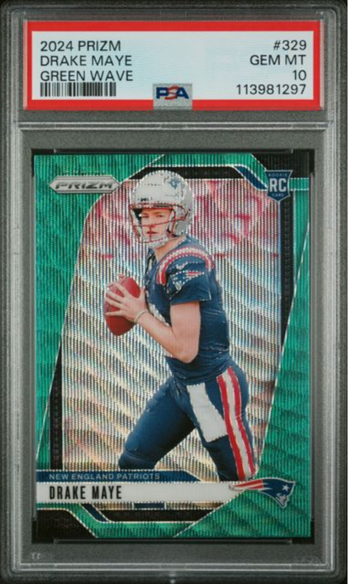 Graded 2024 Panini Prizm Drake Maye #329 Green Wave Rookie RC Football Card PSA 10 Gem Mint