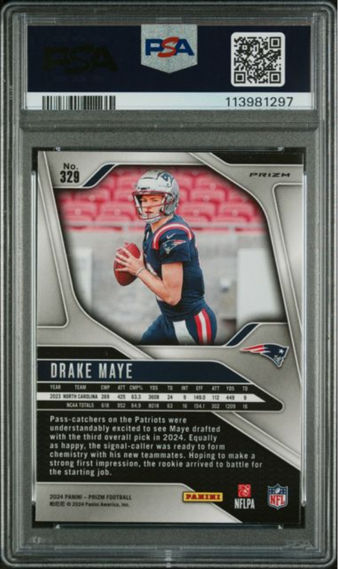 Graded 2024 Panini Prizm Drake Maye #329 Green Wave Rookie RC Football Card PSA 10 Gem Mint