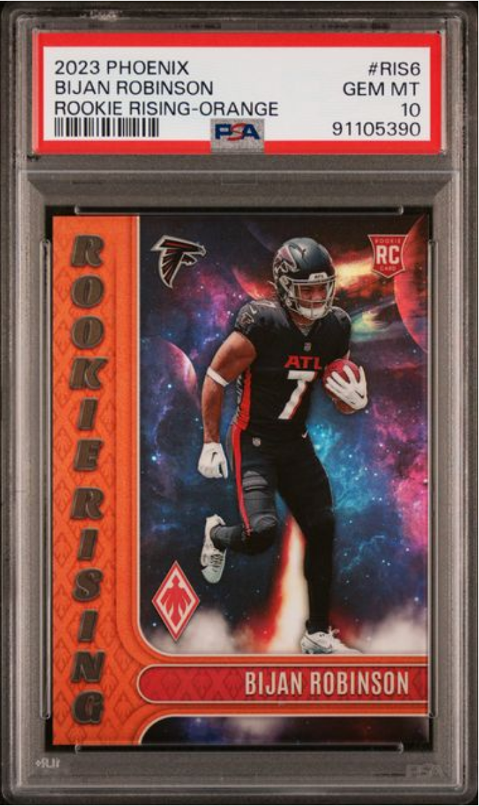 Graded 2023 Panini Phoenix Bijan Robinson #RIS6 Rookie Rising Orange /99 Rookie RC Football Card PSA 10 Gem Mint