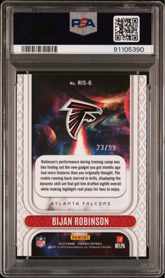 Graded 2023 Panini Phoenix Bijan Robinson #RIS6 Rookie Rising Orange /99 Rookie RC Football Card PSA 10 Gem Mint