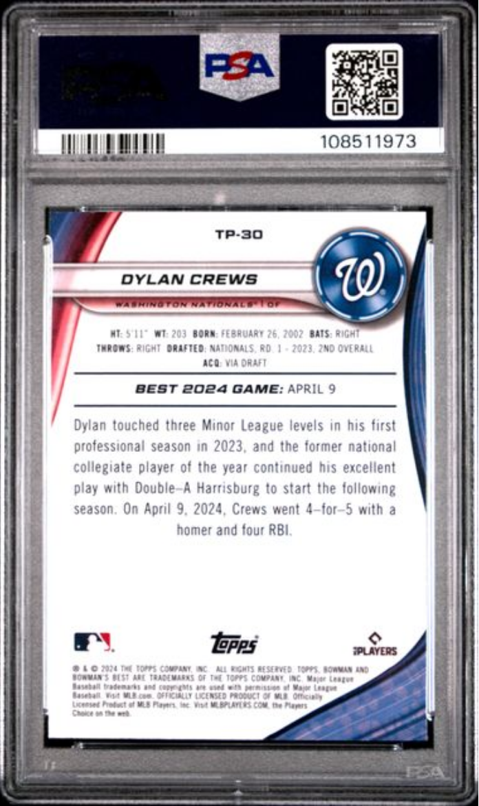 Graded 2024 Topps Bowmans Best Dylan Crews #TP30 Top Prospects Rookie RC Baseball Card PSA 10 Gem Mint