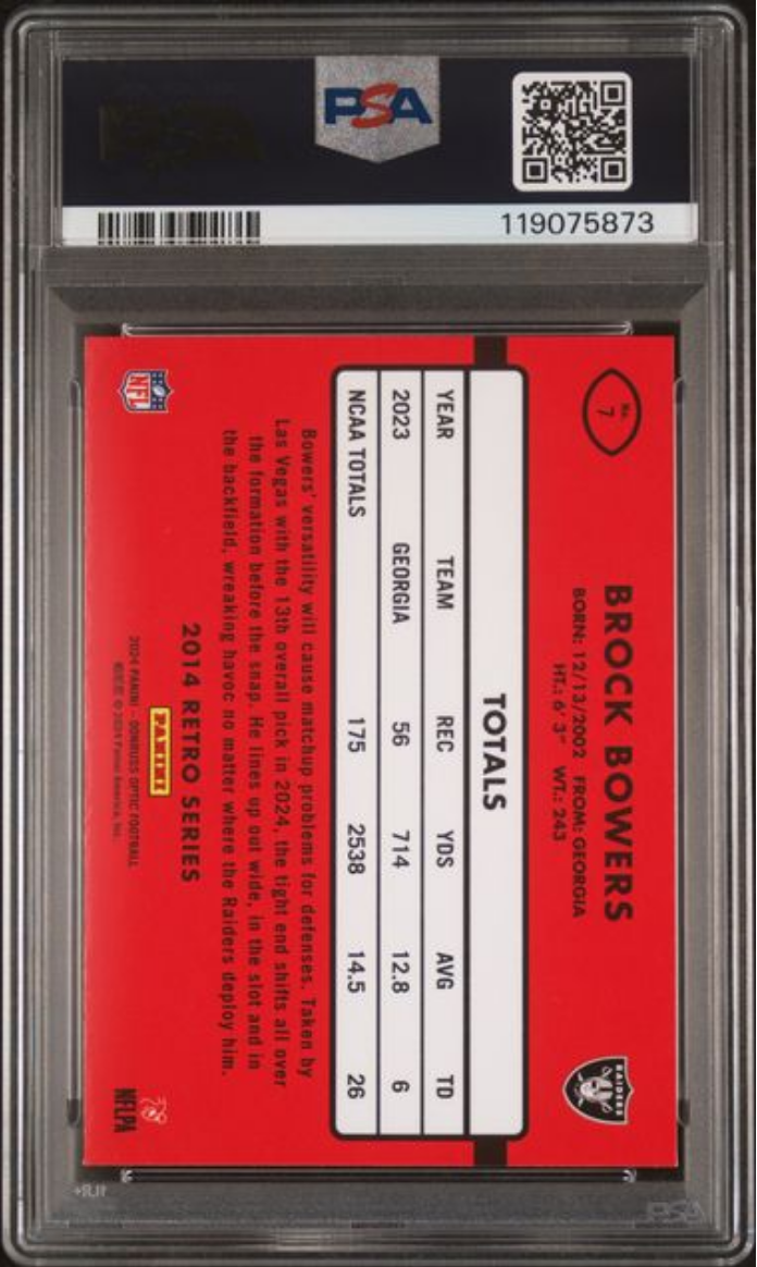 Graded 2024 Panini Donruss Optic Brock Bowers #7 2014 Retro Series Rookie RC Football Card PSA 10 Gem Mint