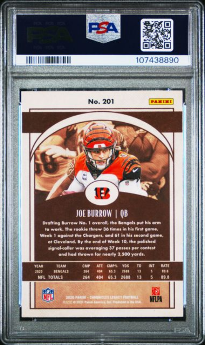 Graded 2020 Panini Chronicles Joe Burrow #201 Legacy Rookie RC Football Card PSA 10 Gem Mint