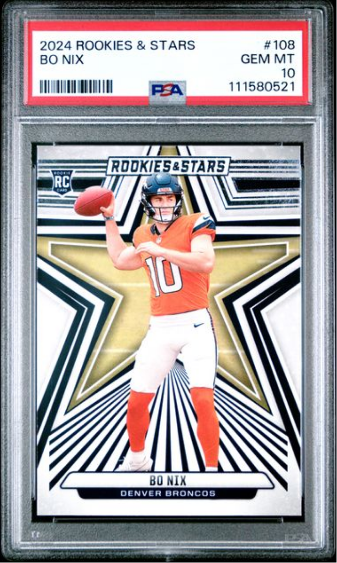 Graded 2024 Panini Rookies & Stars Bo Nix #108 Rookie RC Football Card PSA 10 Gem Mint