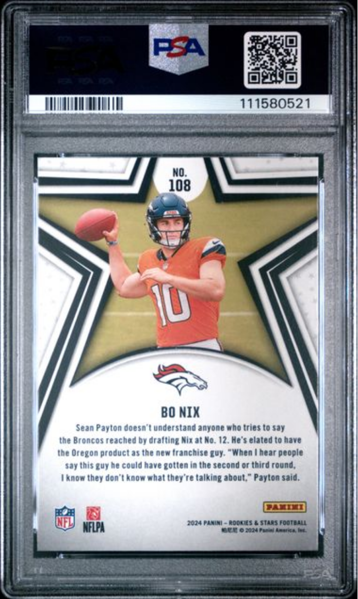Graded 2024 Panini Rookies & Stars Bo Nix #108 Rookie RC Football Card PSA 10 Gem Mint