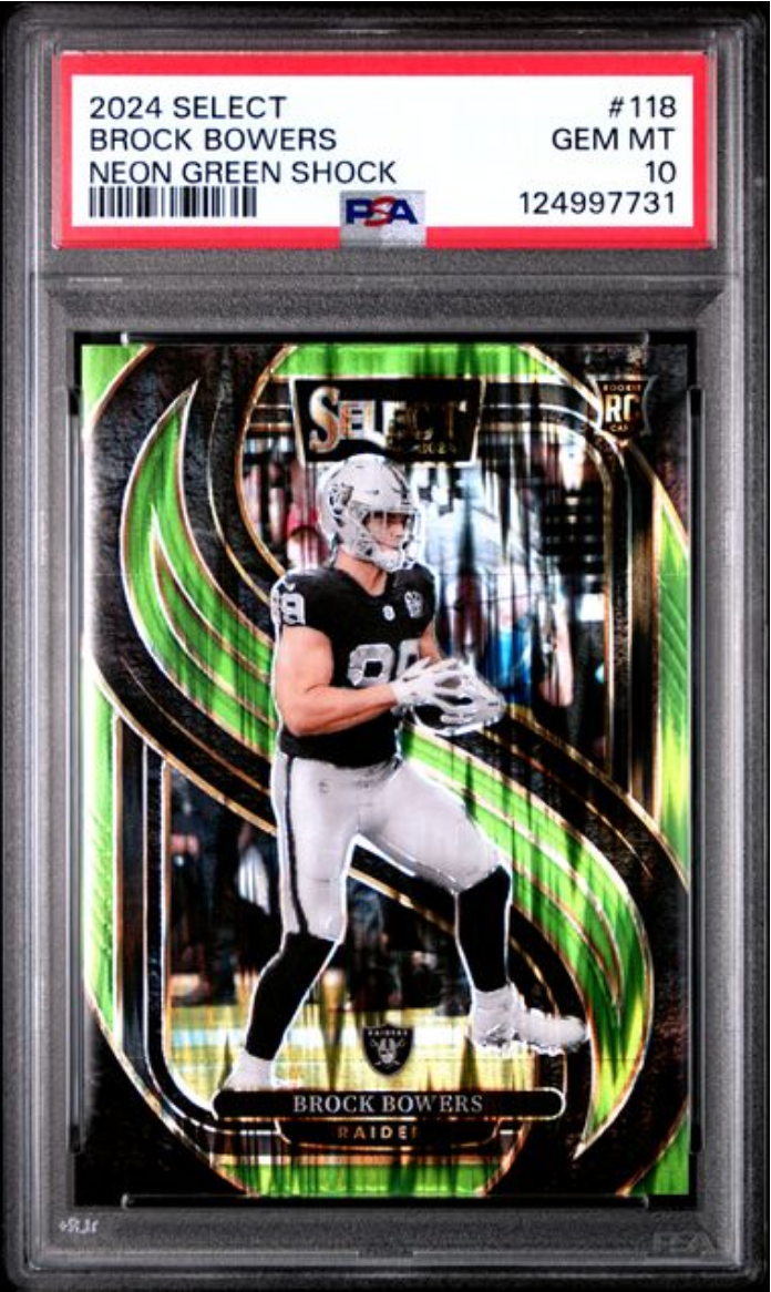 Graded 2024 Panini Select Brock Bowers #118 Neon Green Shock /499 Rookie RC Football Card PSA 10 Gem Mint